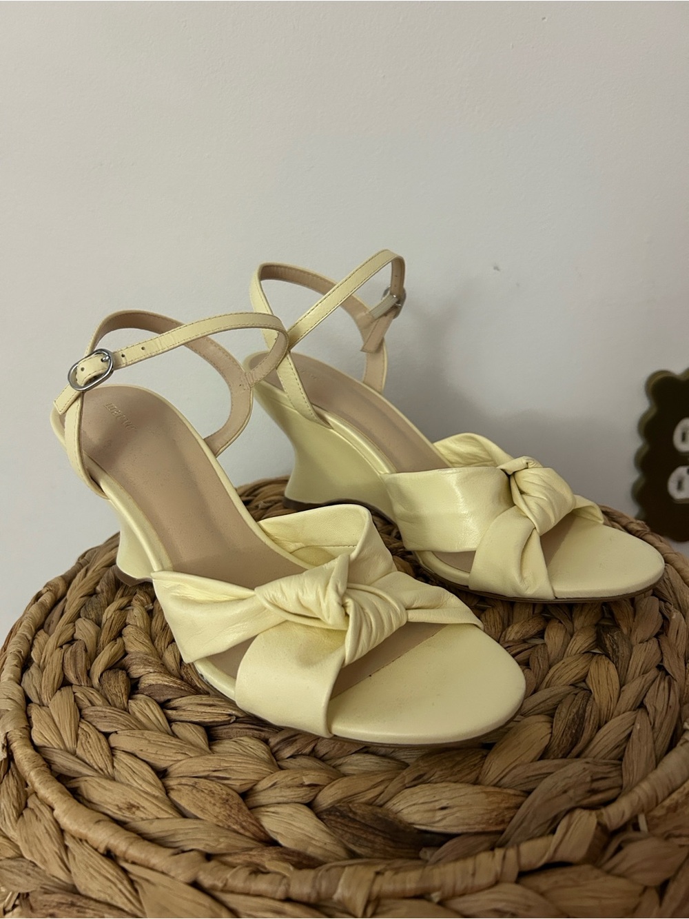 Maeve Knot Front Ankle-Strap Wedge Sandals - Pale Yellow